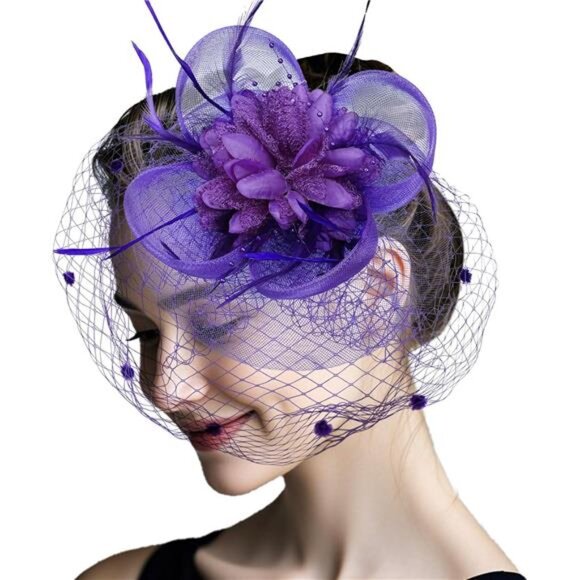 Women's Fascinators Flower Feathers with Veil Purple - Picture 1 of 7